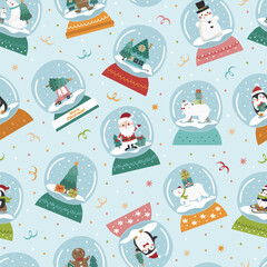 Vector seamless pattern with Christmas snow globes. Perfect for Christmas paper, fabric and gift designs