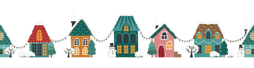 Vector horizontal Christmas border with houses. Perfect for holiday decorating websites, cards, and banners