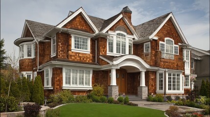 Elegant Wood Home: Traditional Luxury Residence with Stained Cedar Siding and Lush Garden Landscaping
