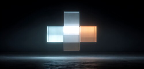 Luminous abstract cube cluster glowing against deep dark shadow