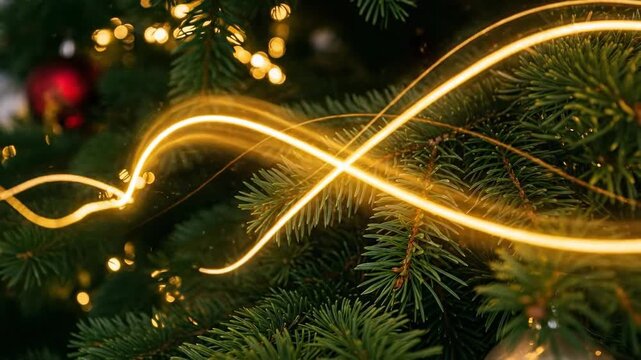 A close-up view of a Christmas tree adorned with warm, glimmering lights intertwined with lush evergreen branches, evoking a festive and cozy atmosphere.