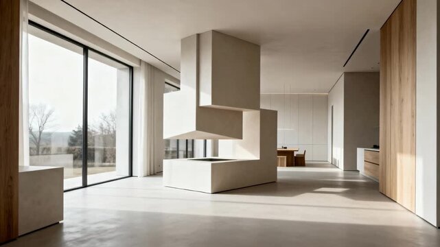 Medium shot focused on minimalist installation with open plan layout integrating natural light and uncluttered spaces for a sleek contemporary feel.