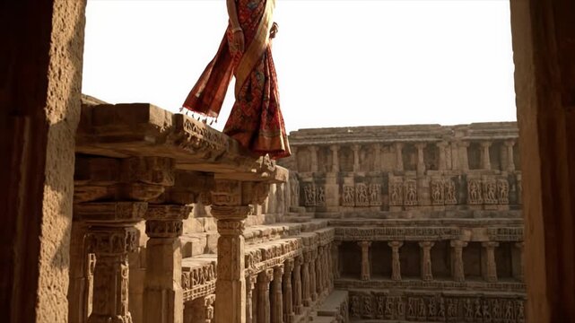 Elegant Gujarati woman in a traditional Indian sari marvels at the intricate architecture of a historic stepwell