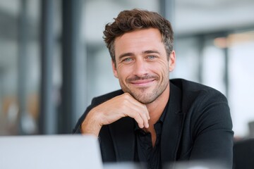 Obraz premium Cheerful Portrait of a Professional Man in Office Setting, Smiling at Camera with Laptop, Showcasing Business Confidence and Modern Technology