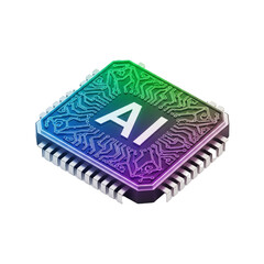 Isometric view of a colorful AI chip, showcasing intricate circuit patterns and the AI symbol.