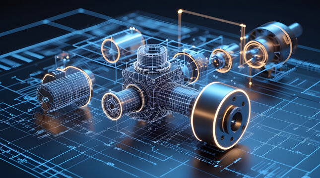 Vintage retro electronic circuit board with blue background and metal audio equipment elements