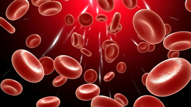 Microscopic view of red blood cells flowing through a blood vessel