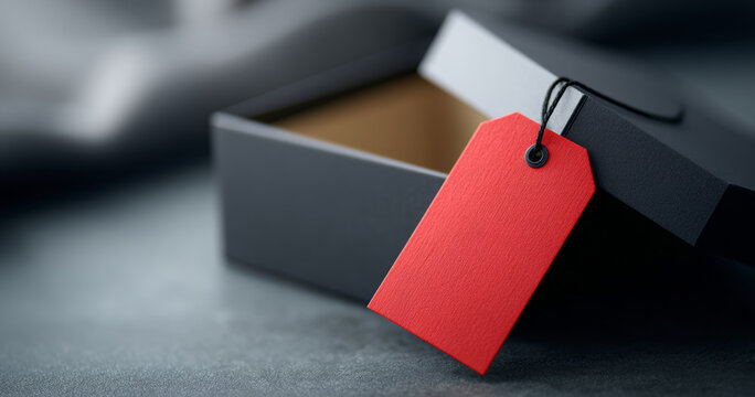 A black box with a red tag on it is shown which appears to be an advertisement for a product or event. The background is blurred and out of focus, drawing attention to the main subject.