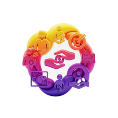 A colorful circular design featuring stylized human figures, hands, and various symbolic elements.