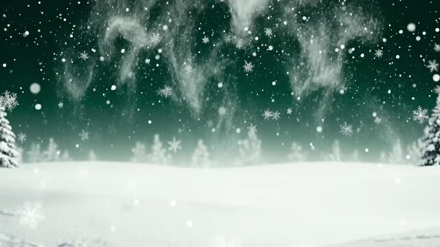 A serene winter landscape featuring softly falling snowflakes over a tranquil snowy ground, accompanied by blurred silhouettes of evergreen trees in the background