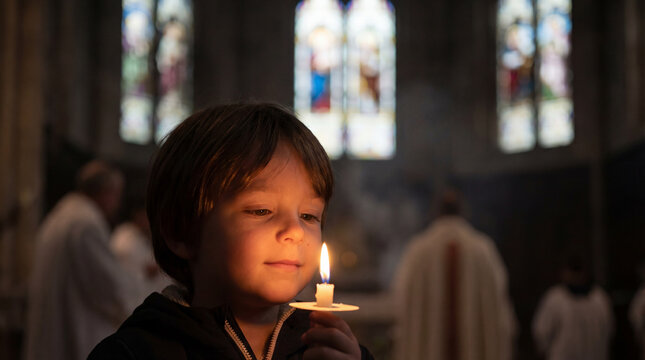 Young Boy’s Face Gently Illuminated by a Single Candle Flame During a Solemn and Quiet Christian Church Vigil