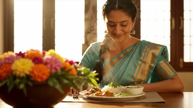 Gujarati Woman Enjoying an Indian Meal at Home