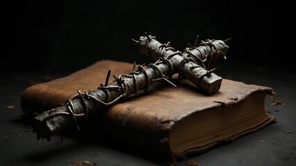 Ancient book with a decorative cross made of twigs on dark background  