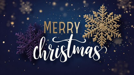 Merry christmas greeting with golden snowflakes and bokeh on blue background