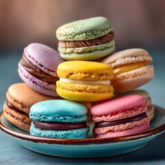 Colorful French Macarons Stacked on a Plate cookie Image