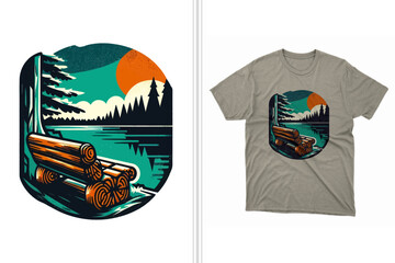 lake view with bench illustration t-shirt design template