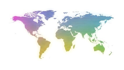 Abstract world map with horizontal lines and rainbow gradient colors