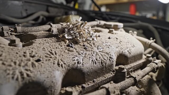 Close up of dusty car engine featuring rat footprints, droppings and shredded nest material. Illustrates rodent infestation and vehicle neglect. Ideal for pest control or repair visuals.