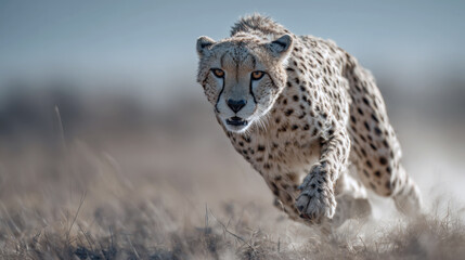cheetah running directly toward the camera in dry, dusty grassland. The fastest land animal's focus, spotted coat, and motion are highlighted in the low-angle, high-speed action shot.