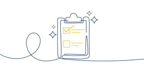 Minimalist checklist icon with clipboard and decorative line art, showing completed and pending tasks in a clean outline illustration style