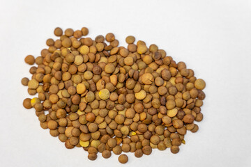 Pile of dry brown lentils on a white background. Clean food ingredient photo ideal for packaging, product listings, recipes and healthy nutrition content.