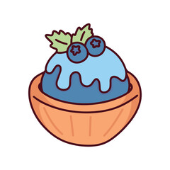 A bowl containing a scoop of blueberry ice cream topped with syrup and fresh berries. A refreshing frozen dairy dessert for summer enjoyment.