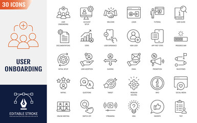 User onboarding icon set. welcome, sign up, user guide, tutorial, UX, login and more . Editable stroke. Vector illustration
