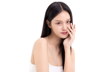 Portrait beautiful young Asian woman with K beauty style makeup and perfect skin on isolated white background. Facial and skin care concept, PNG file format transparent background.