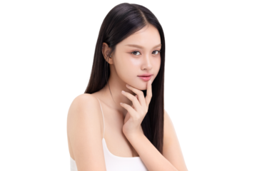 Portrait beautiful young Asian woman with K beauty style makeup and perfect skin on isolated white background. Facial and skin care concept, PNG file format transparent background.