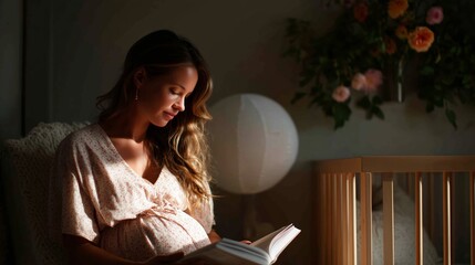 Expecting mother quietly reading in a cozy nursery during the evening hours