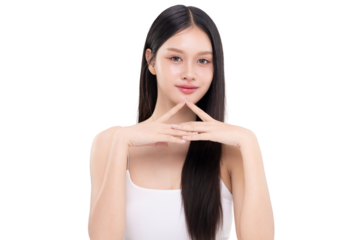 Portrait beautiful young Asian woman with K beauty style makeup and perfect skin on isolated white background. Facial and skin care concept, PNG file format transparent background.