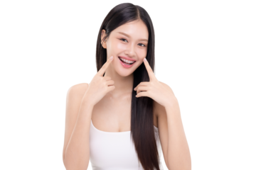 Asian woman smiling confidently while showing her dental braces on transparent background, PNG file format. Conveys beauty, dental care, confidence, and oral health concepts.