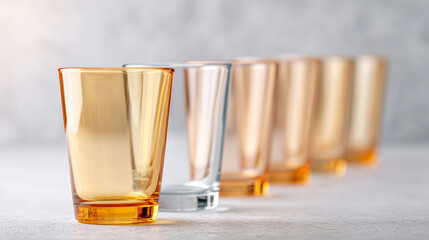 Row of empty transparent shot glasses with amber tint arranged in a diagonal line on a light surface with soft background