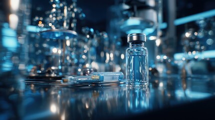 National Folic Acid Awareness Week: laboratory scene with a folic acid sample vial placed next to scientific equipment, glass reflections, cool-toned lab lighting