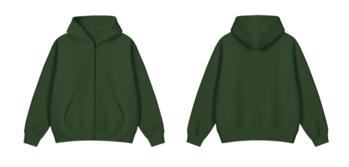 Green Army Zipper Hoodie Mockup Front and Back on Transparent Background