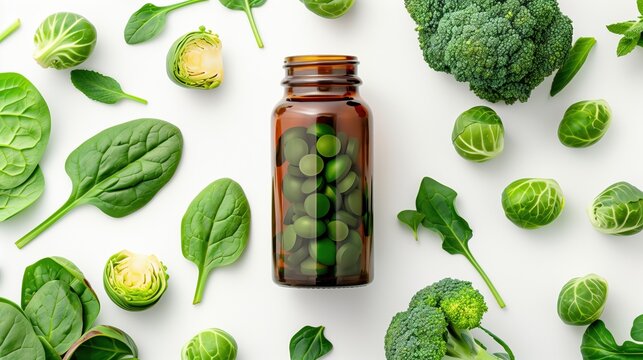 National Folic Acid Awareness Week: Premium folic acid supplement bottle surrounded by fresh green vegetables, spinach, broccoli, Brussels sprouts on clean white background