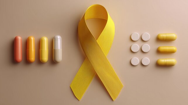 National Folic Acid Awareness Week: still-life composition of a yellow awareness ribbon symbolizing folic acid awareness, next to supplement pills, clean gradient background