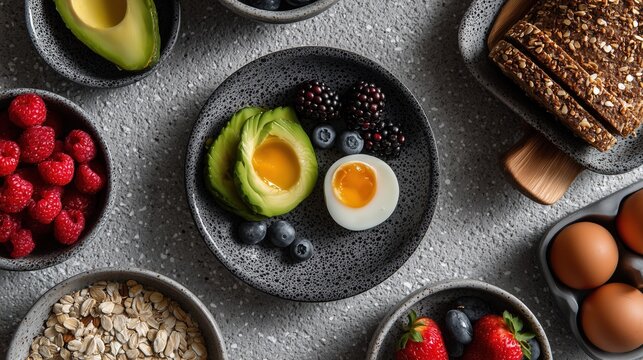 National Folic Acid Awareness Week: top-view breakfast with folic acid-rich foods (avocado, eggs, berries, whole grains), bright natural daylight - Powered by Adobe