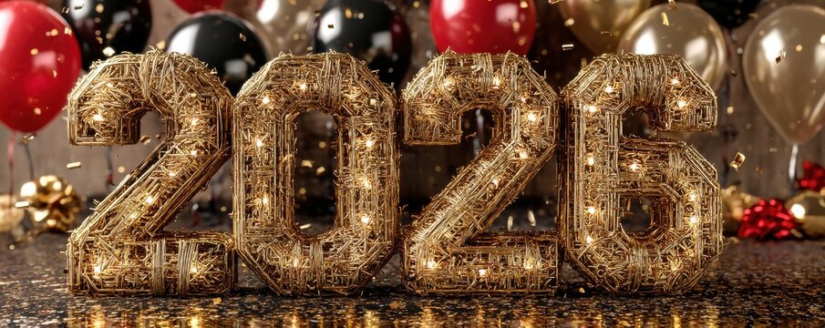 Golden 2026 numerals wrapped in glittering wire on a festive backdrop with balloons and confetti