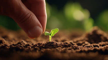 Close up of hand planting seedling in rich soil, nurturing growth and life