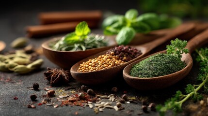 Spices in wooden spoons