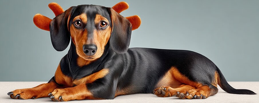 Two dachshunds wearing orange reindeer antlers pose together for a festive holiday photo