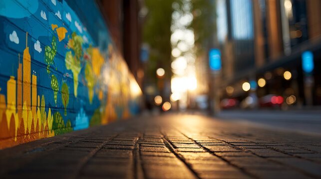 Vibrant mural showcasing colorful world map emphasizes climate action in urban setting