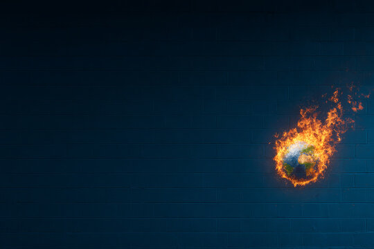 Fiery soccer ball bursting through wall, symbolizing passion and energy in sports - Powered by Adobe
