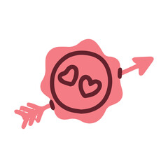 A pink wax seal stamp imprinted with two hearts and pierced by an arrow. Decorative element for sealing love letters and wedding invitations.
