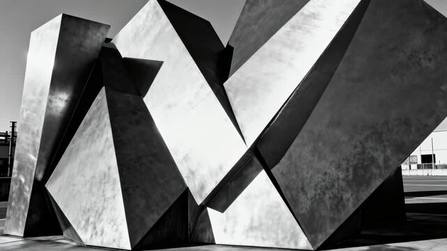 Medium angle on a metal facade sculpture with sharp geometric lines and bold angular elements adding a contemporary industrial aesthetic.
