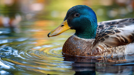 Fototapeta premium Close up of a mallard duck swimming in water with colorful reflections and ripples on the surface