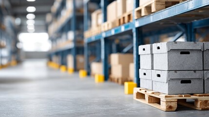 Warehouse interior with metal shelves