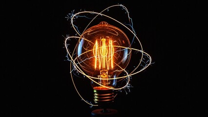 Vintage light bulb with glowing filaments and electric sparks  