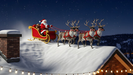 Scene of Santa guiding his sleigh to land on a snow-covered roof with reindeer.